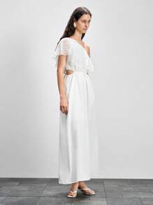 Lumivelle Women's Patchwork Ruffle Hem Embroidered Shoulder Fashion Dress All White Summer Dress Clothes For University - White - View 6