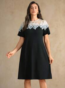 Flouryn Gaun Hitam Kasual Wanita Ukuran Besar dengan Motif Bunga Renda dan Jala, Cocok untuk Wanita Kenakan di Musim Panas, Musim Semi/Musim Panas/Musim Gugur - Hitam - View 7