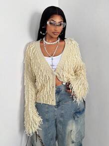Maweii Plus Size Women's Fringed Cardigan,Beige,Autumn,Smart Casual,Date Night,Exquisite Button,Elegant Long-Sleeved Fuzzy Knit Sweater,Versatile Ladies' Top - Apricot - View 2