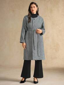 Flouryn Plus Size Women's Black & White Herringbone Pocket Belted Bow Overcoat Winter Fall Autumn - Black and White - View 3