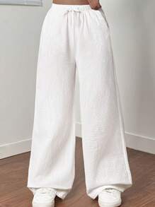 SHEIN Tween Girl Casual Plain Straight Leg Woven Pants Fall Winter - White - View 6