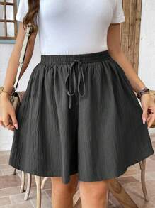 SHEIN LUNE Quần short vải trơn màu họa tiết đơn giản, thoải mái hàng ngày, cỡ lớn, dáng rộng, thường ngày, mùa hè dành cho nữ - Xám - Xem 4