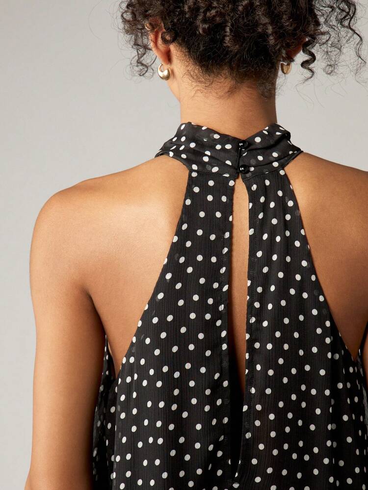 Polka Dot Halter Neck Top With High Low Hem