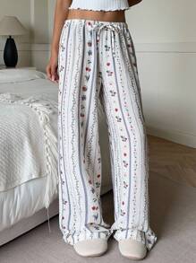Aloruh 新款夏季休闲百搭松紧腰抽绳直筒阔腿条纹浪漫花卉印花裤，适合居家和外出 - 白色 - 查看 5