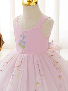 SHEIN Glamorique Kids 女婴无袖白色刺绣薄纱连衣裙，带蝴蝶结露背蓬松裙，适合生日派对、婚礼、节日、舞台表演、拍照、日常穿着 - 西瓜粉 - 查看 5