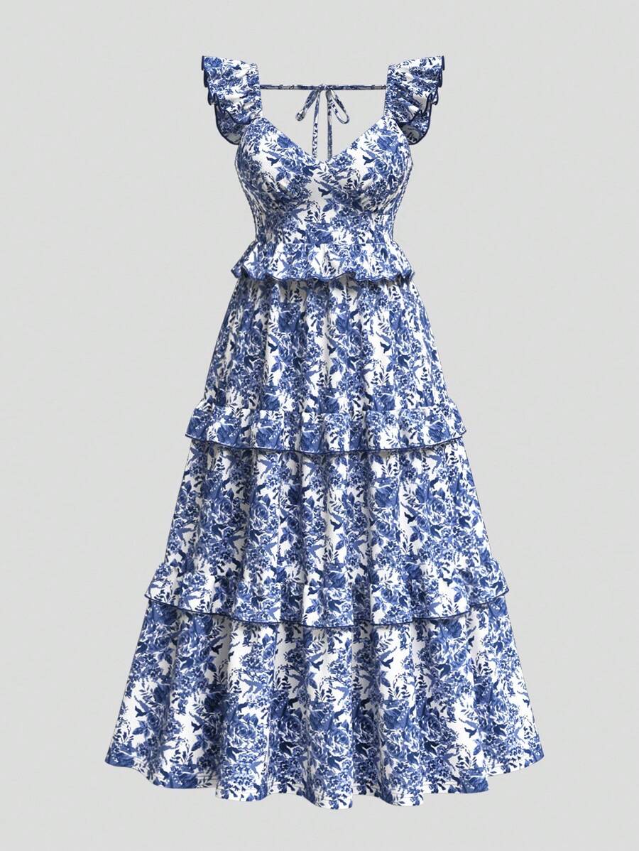 SHEIN MOD 大码复古花卉分层 V 领长裙，蓝白相间，女式夏/秋连衣裙，田园复古，生日连衣裙，初秋连衣裙 - 彩色 - 查看 1