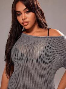 Rustia Plus Size Women's Solid Color Bat Sleeve Hollow Out Casual Knit Top - Grey - View 6