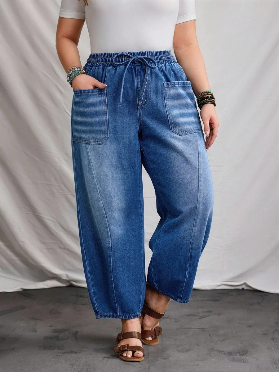 EMERY ROSE Plus Size Casual Vacation Drawstring Vintage Washed Denim ...