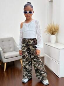 2pcs Girls Casual Tween Set, Black & Beige, Hollow Knit Short Sleeve Top, Camisole, Camouflage Cargo Pants, Streetwear Style, Matching Parent-Child, Back To School, Autumn/Winter - Multicolor - View 6