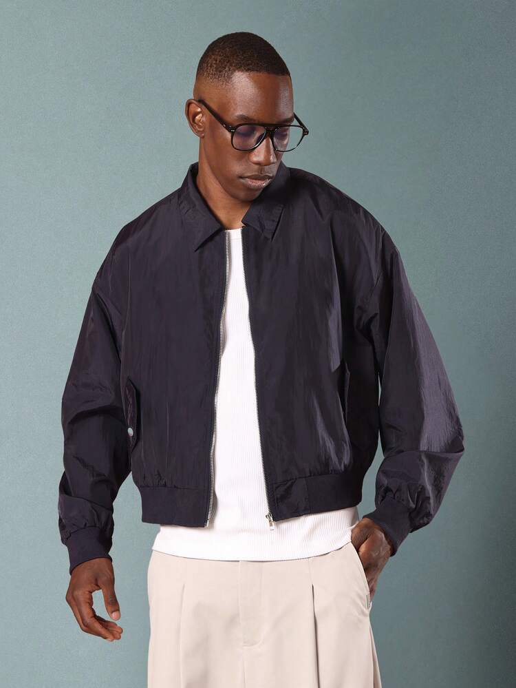 Lightweight Collared Bomber Jacket With Zip Front
