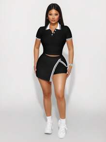 Sirith 2 件套女士休闲撞色 Polo 领短袖上衣和裙子裤子套装 - 黑色 - 查看 1