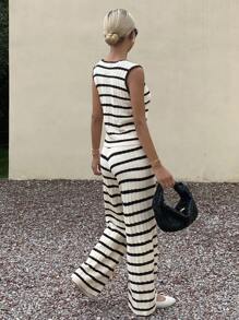 Livesso 女式夏季 V 领系带上衣和阔腿裤条纹针织两件套 - 棕色 - 查看 3