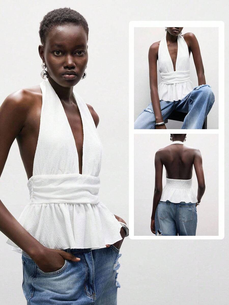 Lumivelle 新款夏季时尚露背装饰层叠无袖休闲上衣，优雅迷人的度假风V领露背修身上衣，层叠下摆装饰V领露背短款衬衫，白色露背吊带衫，白色荷叶边露背上衣，全白大学服装 - 白色 - 查看 1