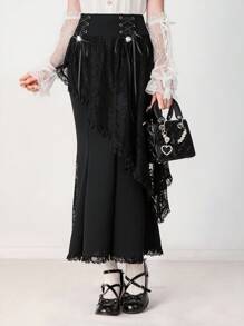 ROMWE EDITION Women's Elegant Solid Color Lace Patchwork Fishtail Skirt - Black - View 4