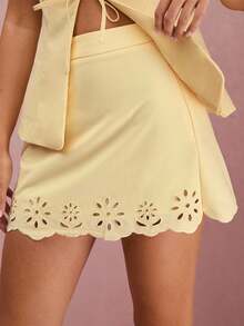 Enchnt Women's Pale Yellow Front Tie Vest & Floral Hollow-Out Mini Skirt Set, Elegant Summer Two Pieces Set For Brunch,Vacation&Date,Autumn Outfits - Yellow - View 2