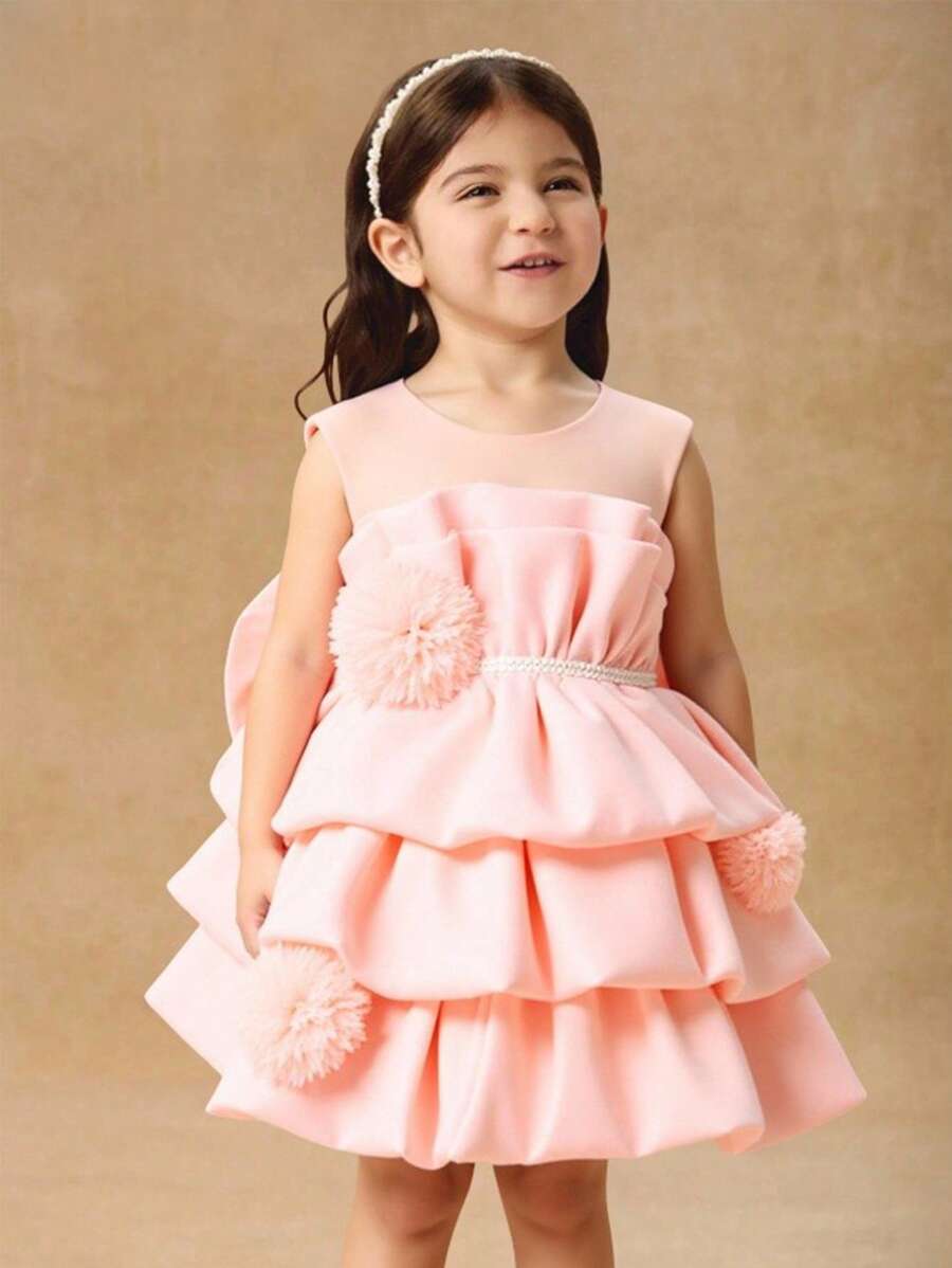Glamorique Kids 女婴圆领蛋糕裙、公主蓬松洗礼裙、百合缎面洗礼礼裙,适合宝宝1岁生日派对、返校季、四季服装 - 粉色 - 查看 1