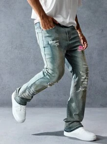 ROMWE MEN Street Life Jeans a zampa con stampa floreale e slogan, con tasche, effetto vissuto per uomo