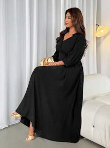 Firerie Váy đi làm thanh lịch dáng chữ A, tay dài, cổ chữ V, eo xếp ly, dáng rộng, cỡ lớn; Thích hợp cho Ngày lễ tình nhân, Hòa nhạc, Biểu diễn, Hẹn hò, Tiệc tối trang trọng, Tiệc dạ hội, Đám cưới, Gợi cảm, Duyên dáng, Đi làm, Trở lại trường, Kỳ nghỉ, Bãi biển, Lãng mạn, Quý cô công sở, Phong cách nàng tiên cá, Tiệc sinh nhật - màu đen - Xem 7