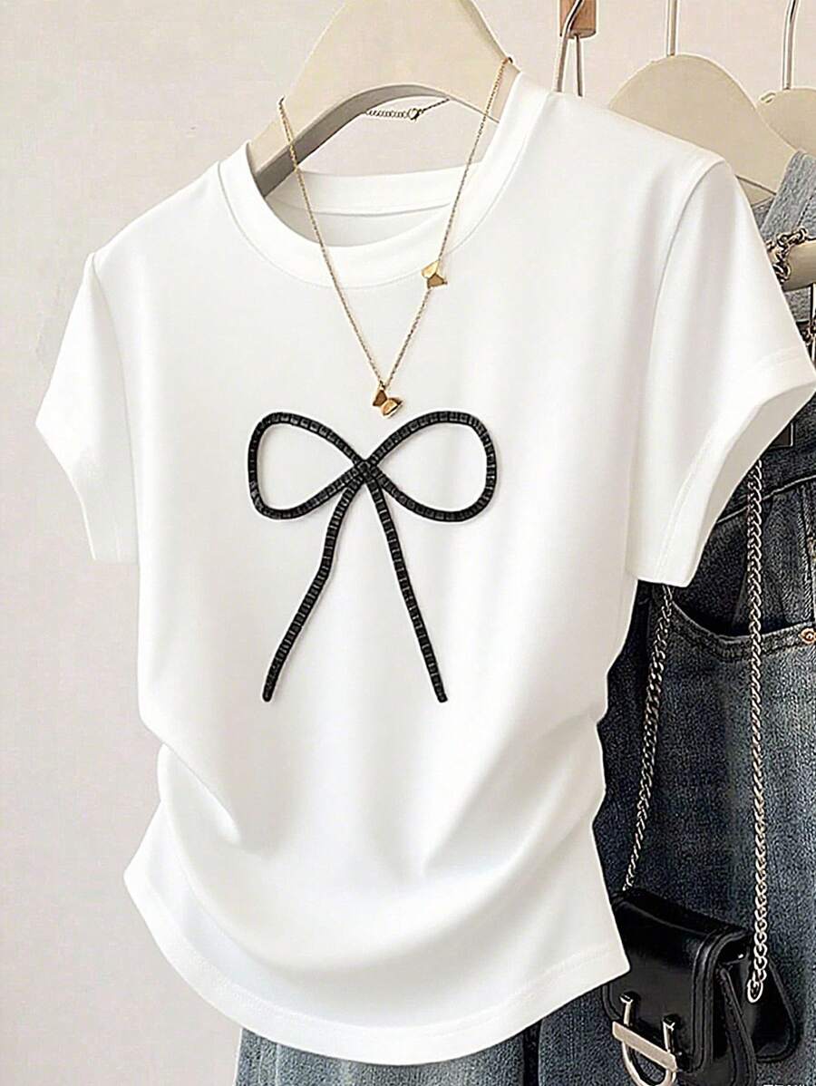 SHEIN Áo thun nữ ôm sát trang trí nơ 3D thủ công - Nhiều màu - Xem 1