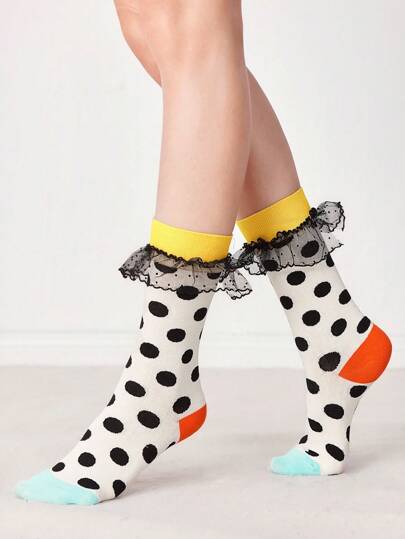 Kawaii Women's Polka Dot Pattern Mesh Splice Ruffle Trim Cute Crew Socks