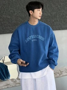 DAZY Men's Autumn Letter Embroidery Pullover Baggy Sweatshirt - Blue - View 7