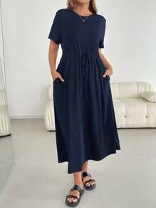 SHEIN Essnce Robe d'été pour femmes grandes tailles, robe à manches courtes, robe noire, vêtements décontractés pour femmes, robes d'été pour femmes, robe de vacances