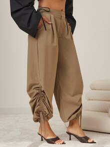 Vixey Casual Solid Color Drawstring Ankle Pants, Business Casual Woman, Office - Brown - View 4
