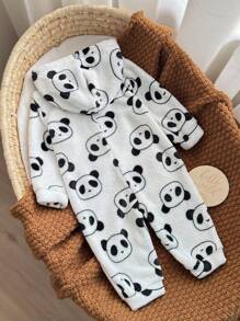 男嬰熊貓圖案連帽法蘭絨連身褲 - 黑與白 - 查看 2