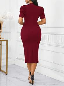 SHEIN Lady Vestido elegante de verano para mujer, de unicolor, con cuello alto, manga corta abullonada y diseño retorcido ajustado