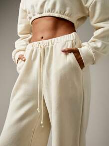 MISSGUIDED Bộ quần ống rộng áo hoodie lửng thanh lịch, hoàn hảo cho bữa ăn trưa cuối tuần, trang phục dạo phố thoải mái, ấm áp cho mùa thu đông xuân, phối hợp - Màu be - Xem 4