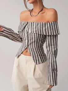 SHEIN ICON 女士条纹露肩性感露肩长袖衬衫 - 棕色 - 查看 5