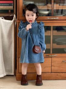 SHEIN Babygirl Spring And Autumn Baby Girl Long Sleeve Ruffle Collar Fashionable And Simple Lace Washed Denim Dress, Suitable For Daily Leisure Wear Such As Autumn Outings, Camping, Vacation, Etc. - Blue - View 4