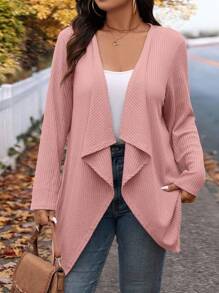 SHEIN LUNE 加大码冬季时尚不对称领设计长款针织开衫，适合外出和工作，秋季女士秋季服装 - 粉色 - 查看 6