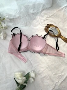 DelicateAllure 粉色字母图案可爱蕾丝设计时尚聚拢文胸，粉色蕾丝文胸，可爱聚拢文胸，蕾丝半罩杯文胸，舒适优雅细节内衣文胸 - 粉色 - 查看 2