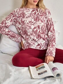 SHEIN Cottnline Plus Size Cotton PLUS Women 2 Pcs Floral Pattern With Roung Neck Long Sleeved ShirtSolid Colour Pants Homewear Set Lounge White Burgundy Autumn - Multicolor - View 3