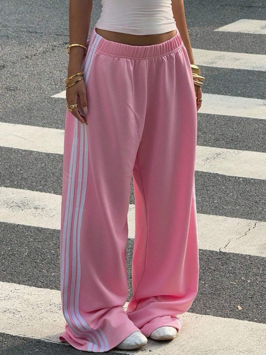Muchica Pantalón de chándal casual de pierna ancha para mujer con rayas contrastantes, color rosa