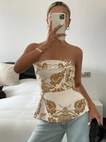 Livesso 女士花卉植物印花休闲度假抹胸，秋季外出上衣 - 棕色 - 查看 3