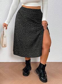 SHEIN PETITE CURVE 大码中长款开衩圆点休闲度假裙 - 黑色 - 查看 8