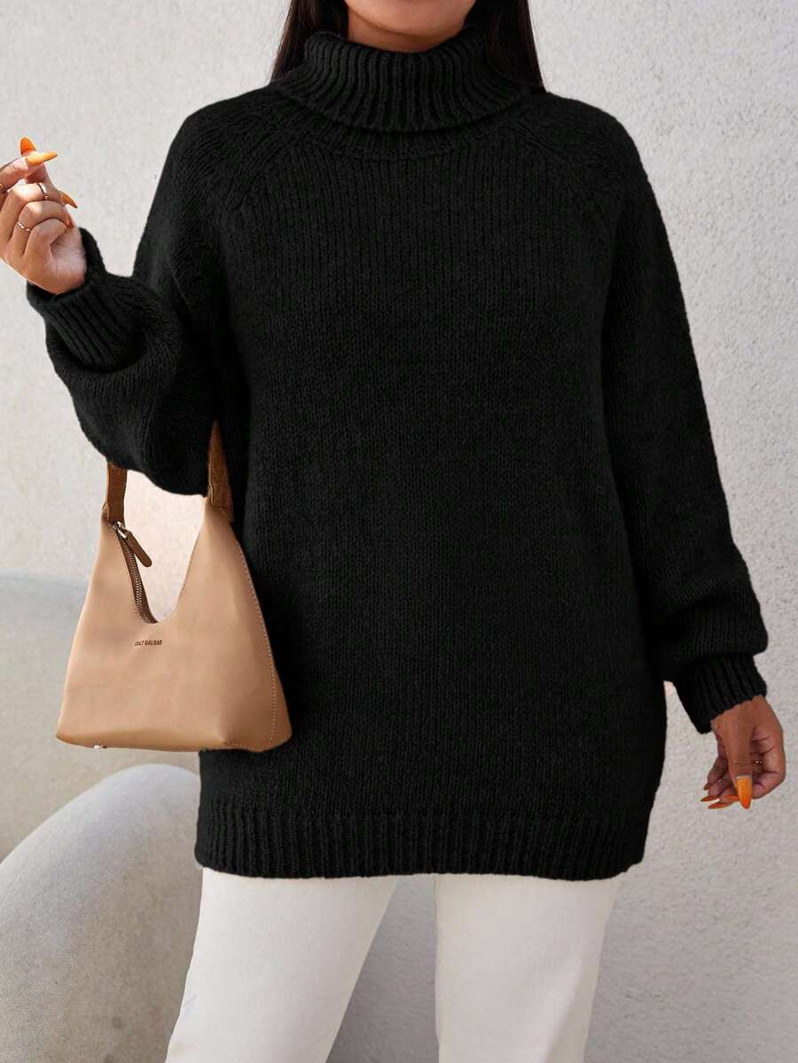 EURMUSE Minimalistyczny, swobodny sweter w jednolitym kolorze, luźny krój, golf z obniżonymi ramionami, plus size