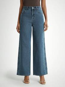 Daynim 女式花卉印花口袋阔腿休闲牛仔裤 - 中等水洗藍 - 查看 5