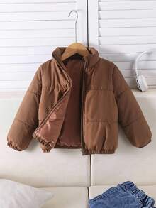 SHEIN Sparklyn Girls' Casual Minimalist Stand Collar Long Sleeve Short Loose Solid Color Fleece Padded Padded Coat, Autumn/Winter, Coffee Color Fall