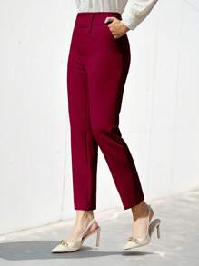 EURMUSE Women's Solid Color Simple Daily Suit Pants  - Burgundy - View 3