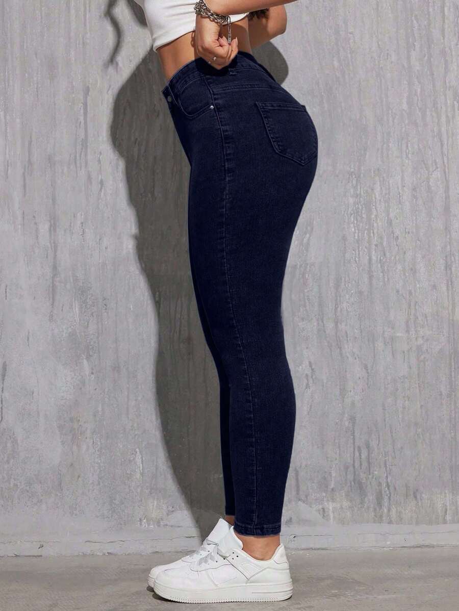 SHEIN Cottnline Women's Casual Solid Color Front Button Skinny Jeans - Dark Wash - View 1