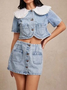 WESTFADE High Waist Button Front Cotton Blend Denim A Line Mini Skirt Back To School Country Western Fall Vintage Y2K - Light Wash - View 4