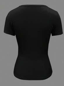 INAWLY Plus Zip Up Rib-Knit Tee, For Summer - Black - View 2