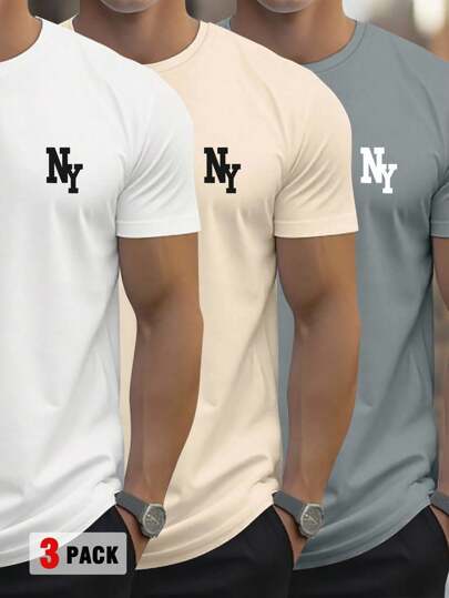 Manfinity Homme 男士字母印花圆领宽松休闲T恤 纽约衬衫 3件装 T恤衫