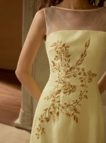 MOTF PREMIUM 女士优雅刺绣植物亮片细节撞色网眼透明育克舞会礼服 - 黃色 - 查看 2