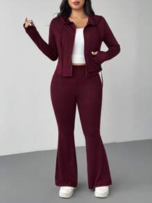 SHEIN EZwear 2 件套加大码前拉链长袖连帽运动衫和修身喇叭裤休闲运动服套装 - 酒紅色 - 查看 8
