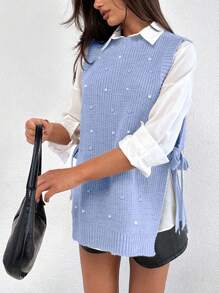EURMUSE Round Neck Sleeveless Sweater With Pearls - Baby Blue - View 4