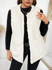 SHEIN LUNE 大码女式休闲毛绒纹理双口袋前开背心，适合秋季大码秋装 - 白色 - 查看 3